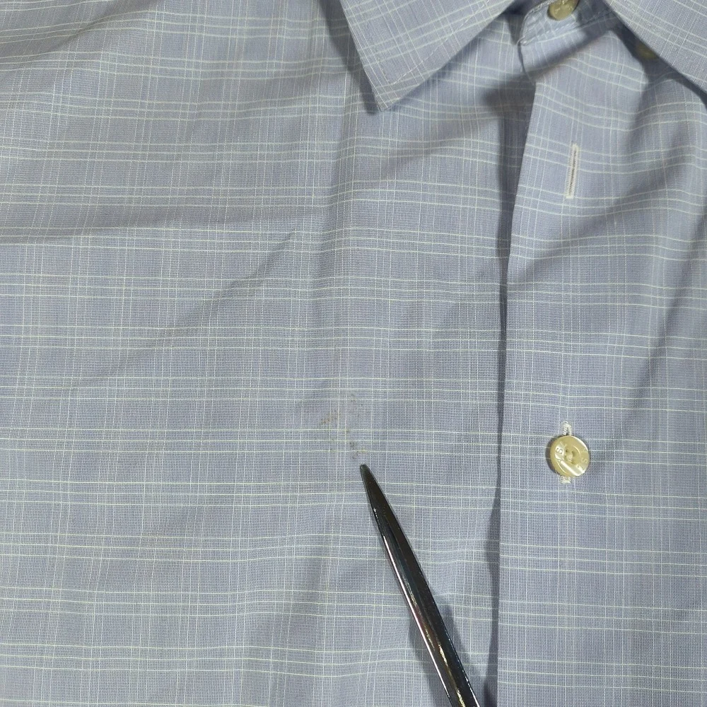 Vintage Yves Saint Laurent‎ Shirt Mens 17.5 Blue Plaid Long Sleeve Button Up USA